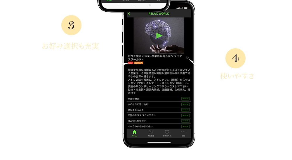 （3）お好みの時間尺 1時間・2時間・3時間のお好みの時間尺でアルバムを聴くことができます。（4）使いやすさ ループ再生やお気に入り登録機能もあり、お休みの際に使いやすい仕様も魅力的。