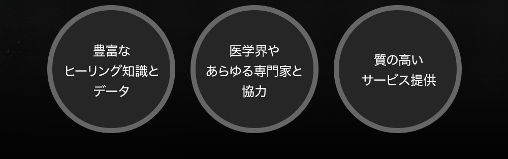 豊富なヒーリング知識とデータ 医学界やあらゆる専門家と協力 質の高いサービス提供